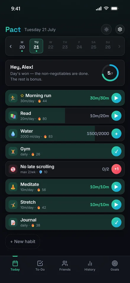 Pact today screen listing habits with streaks and timers